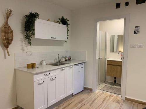 a kitchen with white cabinets and a sink at צימר מול פרדס 