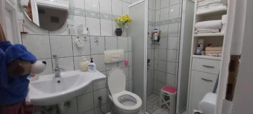 a small bathroom with a sink and a toilet at Denize Çok Yakın Daire in Side