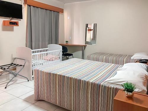 ein Schlafzimmer mit einem Bett, einem Sofa und einem TV in der Unterkunft Tri Hotel Centro Chapecó in Chapecó