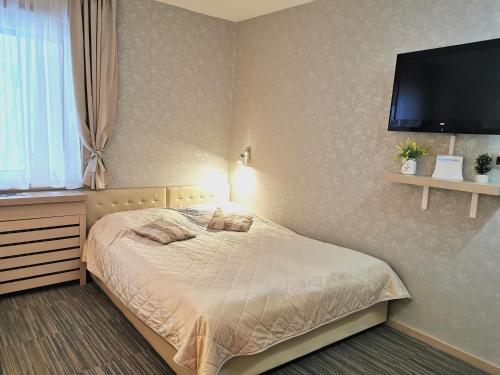 Schlafzimmer mit einem Bett und einem Flachbild-TV in der Unterkunft Premia Apartments Konaci in Kopaonik
