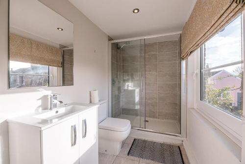 a bathroom with a shower and a toilet and a sink at Solebay House in Woodbridge