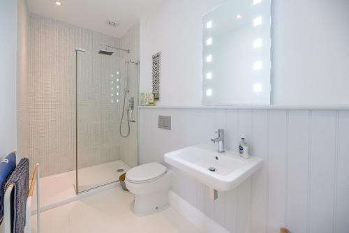 a bathroom with a toilet and a sink and a shower at 21 Park Lane, Aldeburgh in Aldeburgh