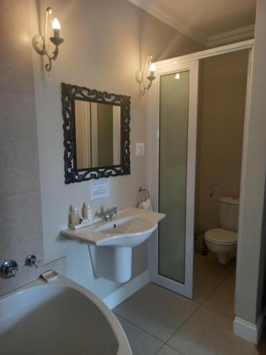 a bathroom with a sink and a toilet and a mirror at La Pension Guest House in Oudtshoorn