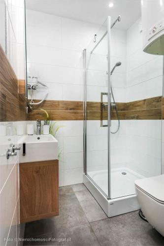 a bathroom with a shower and a toilet and a sink at Orbisa Pokoje i Apartamenty in Łeba