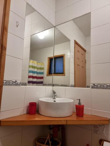 y baño con lavabo y espejo. en La Casa del Árbol Villarrica Cabañas-Piscina-Tinajas, en Villarrica