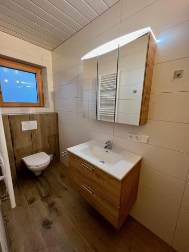 a bathroom with a sink and a toilet and a mirror at Gästehaus Wallner in Presseggen