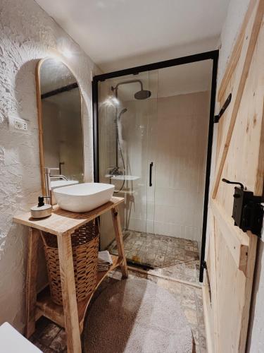 a bathroom with a white sink and a shower at BarnHaus in Jibert