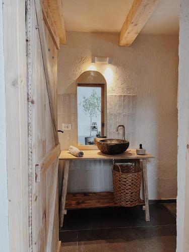 a bathroom with a sink and a mirror at BarnHaus in Jibert