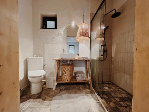 a bathroom with a toilet and a sink and a shower at BarnHaus in Jibert
