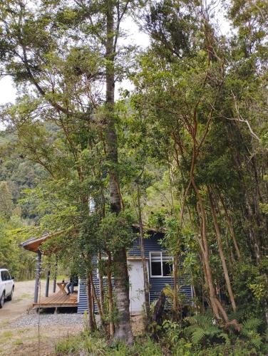 a blue house in the middle of trees at Cabañita Sustentable El Este Cochamó in Cochamó