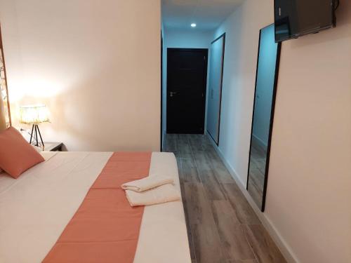 a bedroom with a large bed and a hallway at Hostal GARDEN ROUS in Paiporta