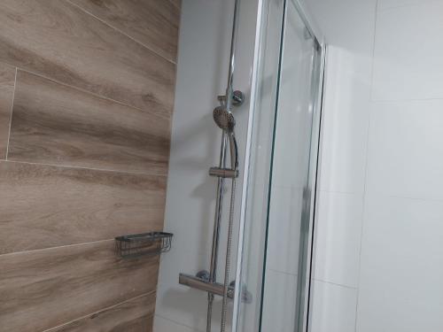a shower with a glass door and wooden wall at Hostal GARDEN ROUS in Paiporta