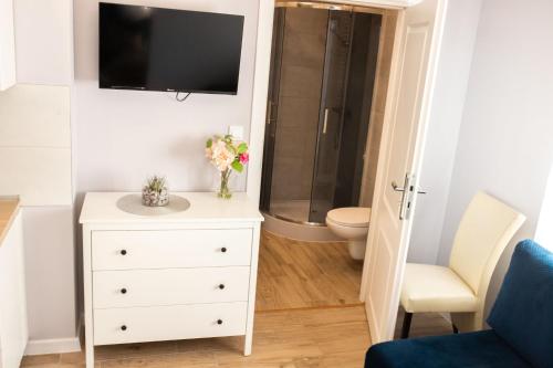 a bathroom with a shower and a dresser with a tv on the wall at Leśne Apartamenty in Szczytno