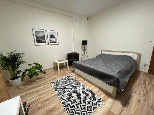 a bedroom with a bed and a black and white rug at Apartamenty Trzciana in Rzeszów