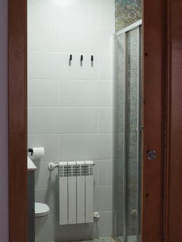 a bathroom with a glass shower with a toilet at El APARTAMENTUCO in Pechón