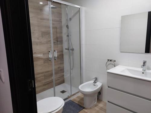 a bathroom with a shower and a toilet and a sink at Hostal GARDEN ROUS in Paiporta