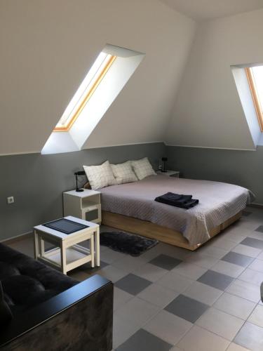 a bedroom with a bed and skylights at Klykių apartamentai in Inkartai