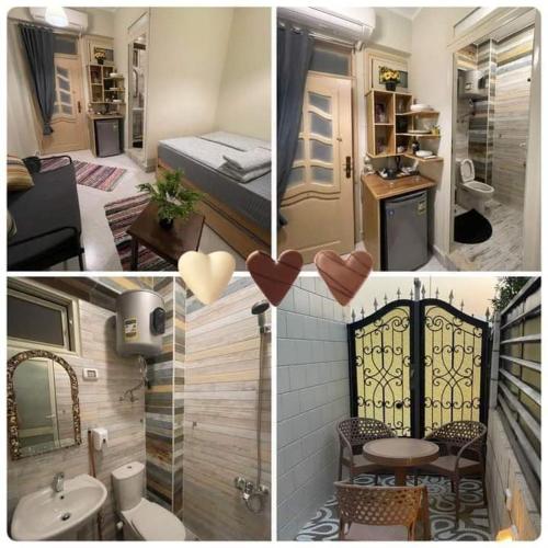 達哈布的住宿－Villa habibch hostel，浴室和房间四幅相片的拼合物