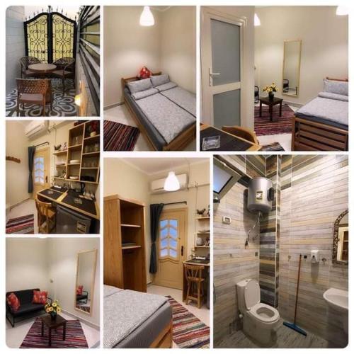 un collage de fotos de un dormitorio y un baño en Villa habibch hostel, en Dahab
