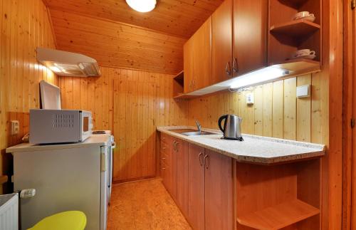 a small kitchen with wooden cabinets and a refrigerator at Apartmány U Žaloudků in Dolní Morava