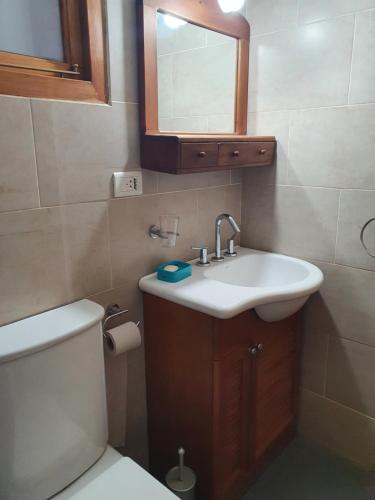 uma casa de banho com um lavatório, um WC e um espelho. em Mono Belgrano1 em San Carlos de Bariloche