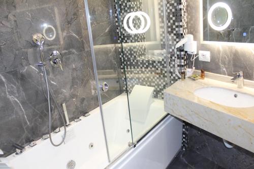 a bathroom with a shower and a sink at LORD Hotel in Tirana