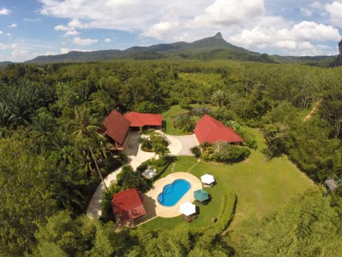 an aerial view of a resort with a swimming pool at Cliffside Lagoon Villa in Ao Nang Beach