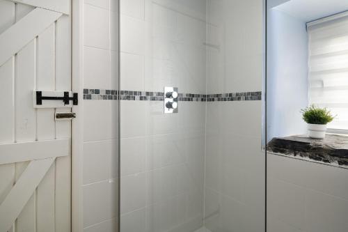 a shower with a glass door in a bathroom at Tan y Celyn in Llangelynin