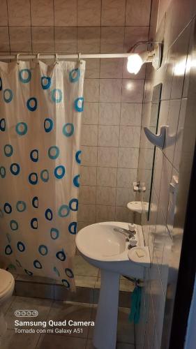 baño con lavabo y cortina de ducha en Depto del Mar en Las Grutas