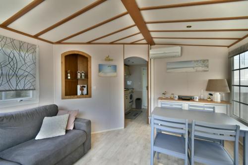 een woonkamer met een bank en een tafel bij Mobil'home Les Pommes de Pin aux Mathes La Palmyre terrain privé in Les Mathes