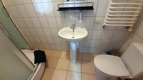 a small bathroom with a sink and a toilet at Różana Karczma in Kruszyn