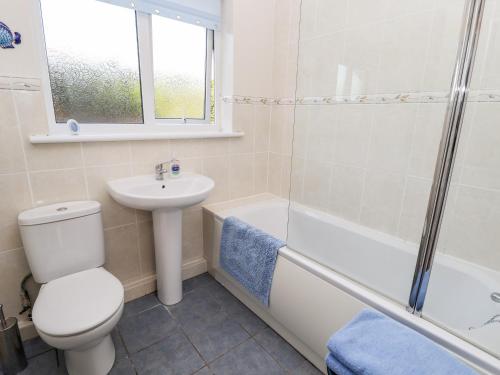 a bathroom with a toilet and a sink and a shower at Acre View in Mablethorpe