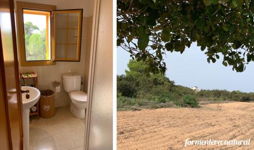 a bathroom with a toilet and a view of a field at Casa Reme Sant Francesc - Formentera Natural in Sant Francesc Xavier