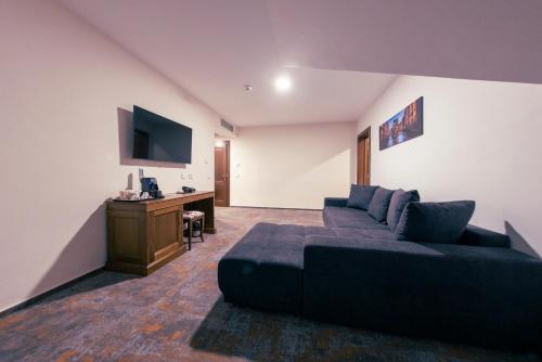 a living room with a couch and a flat screen tv at Hotel Aura Unirii in Alba Iulia