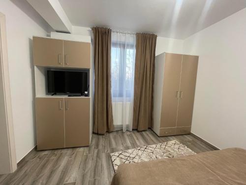 a bedroom with a bed and a flat screen tv at Pensiunea Giulia in Afumaţi
