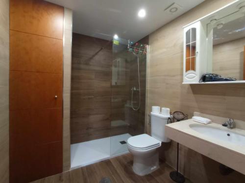 La salle de bains est pourvue de toilettes, d'une douche et d'un lavabo. dans l'établissement Apartamento superior monte oiz, à Sierra Nevada