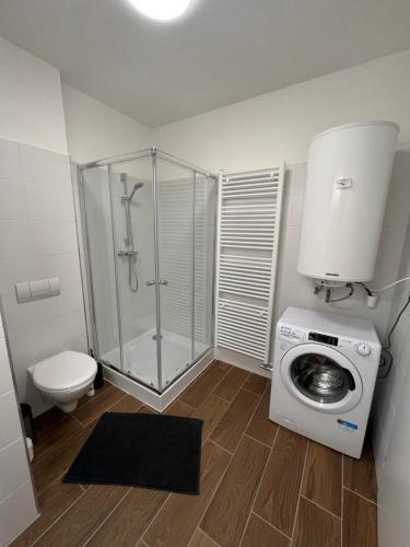 łazienka z prysznicem i pralką w obiekcie Apartman Liptov NP14 w Liptowskim Mikulaszu