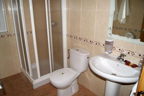 a bathroom with a shower and a toilet and a sink at O Lar de Carmiña in Devesa