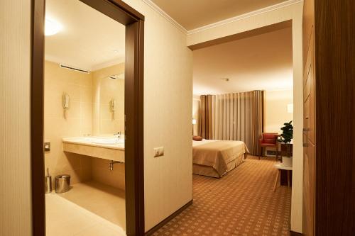 a hotel room with a bathroom with a bed and a sink at Petrodava ONE in Piatra Neamţ