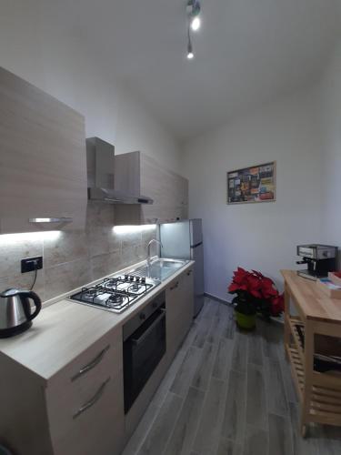 a kitchen with a stove top oven next to a counter at THE HOME OF MUSIC STARS in Catania