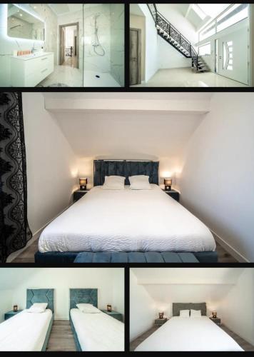 Cette chambre comprend un lit blanc et un escalier. dans l'établissement Loft l'escale Gîte Les Camélias 71, à Oslon