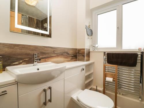 een badkamer met een wastafel, een toilet en een raam bij Palace Bungalow in Hereford
