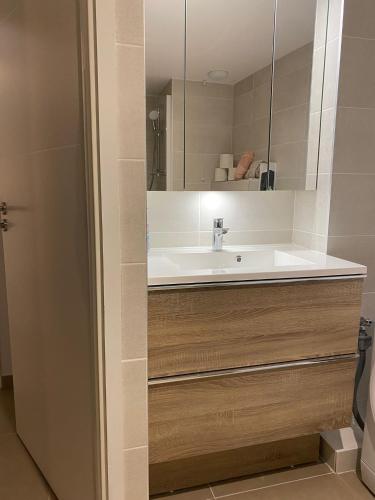 une salle de bain avec un lavabo et un miroir dans l'établissement Monaco Grand Prix Nouveau, à Beausoleil