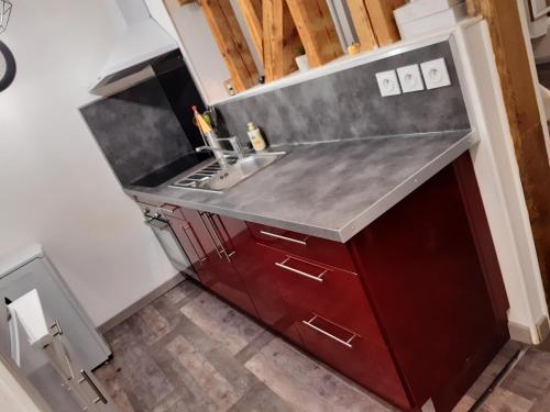 a kitchen with a sink and red cabinets at Joli appartement T2 Agglo Troyes in Sainte-Savine