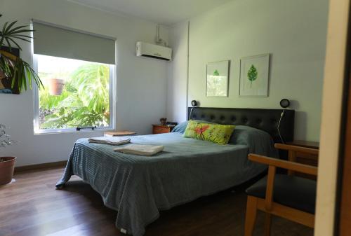 um quarto com uma cama com um cobertor verde e uma janela em Posta Batata em Paraná