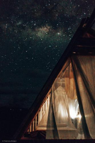 a starry night with a person looking out of a tent at biohotel tatacoa Qji in Villavieja