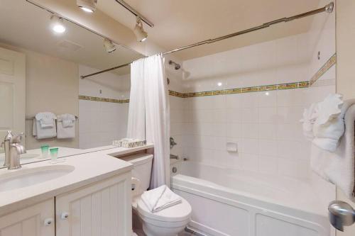 a bathroom with a sink and a toilet and a bath tub at Aspens by WB Vacation Rentals in Whistler
