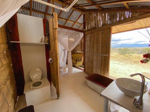 ein Bad mit einem Waschbecken und einem WC in einem Zimmer in der Unterkunft biohotel tatacoa Qji in Villavieja