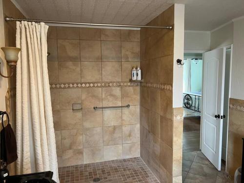 eine Dusche im Bad mit Duschvorhang in der Unterkunft 2min from rt66 hot tub bocceball court firepit in Williams