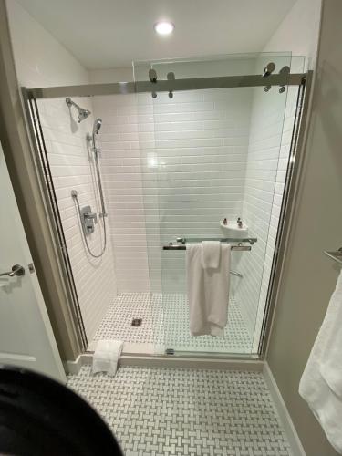 a bathroom with a shower with a glass door at The Shepherd Hotel Downtown Clemson in Clemson